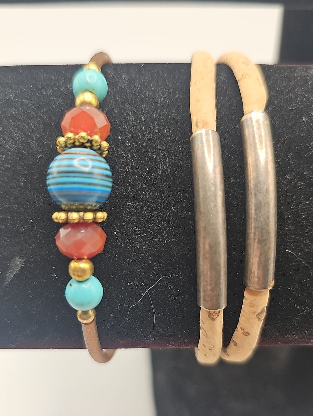 Multicolor Beaded Leather Bracelet - Turquoise & Coral Accents. 2 Braclets.